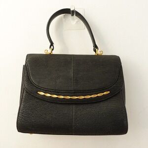 Vintage Shark Skin Flap Handbag Medium Black 50s Structured Solid‎ Leather Japan